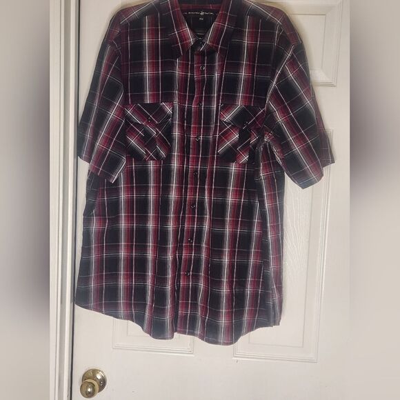 Beverly Hills Polo Club 4XLB Pockets ButtonUp BurgundyGrayPlaid ShrtSl Men Shirt - Picture 1 of 6